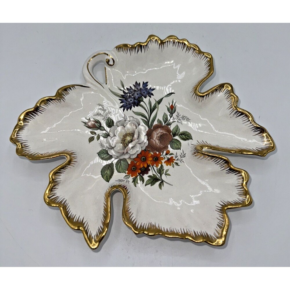 Vintage Ceramica Hand Painted/Transfer WearFloral Maple Leaf Trinket Dish 7.25”